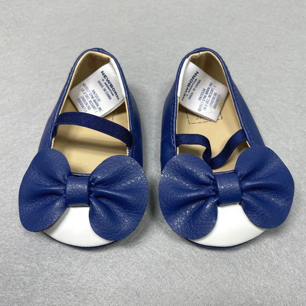 Janie and Jack Mary Jane Crib Shoes Baby 0M Blue White Good Bow Soft Sole Preppy